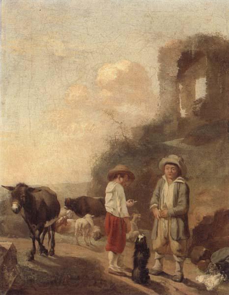 unknow artist A landscape with young boys tending their animals before a set of ruins Norge oil painting art